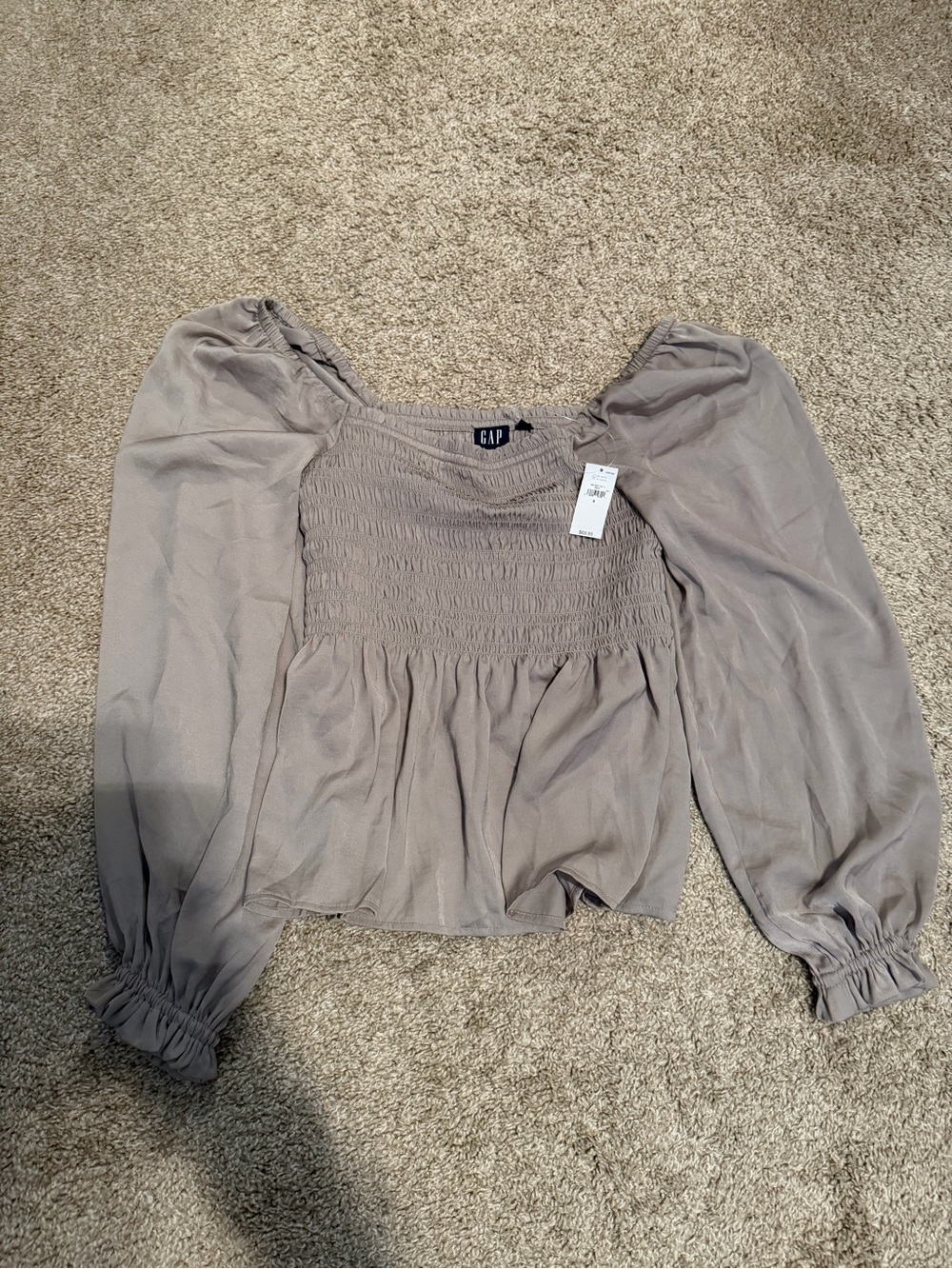 GAP Women's Taupe Smocked Square-Neck Peasant Blouse